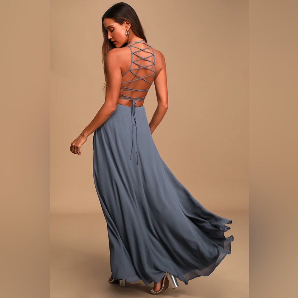 Lulus Strappy To Be Here Denim Blue Lace-Up Maxi Dress - Picture 3 of 3
